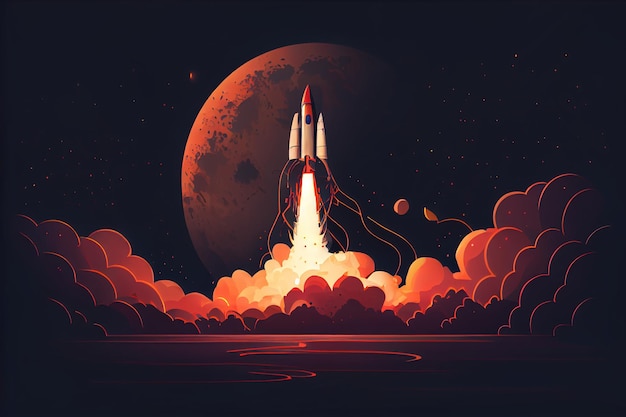 Photo illustration of rocket launch on dark background generate ai