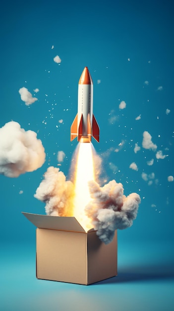 Illustration of a rocket launching from a cardboard box against a blue background