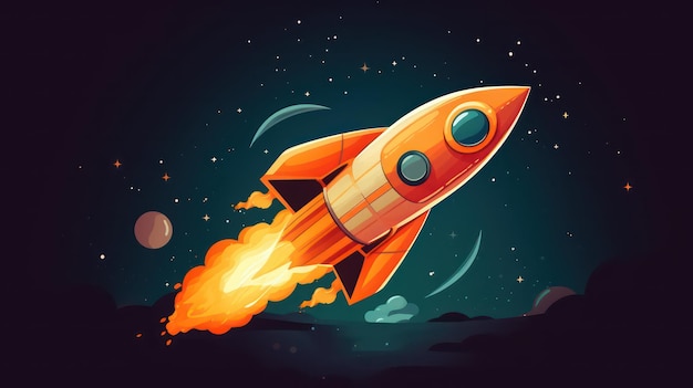 Иллюстрация ракетного корабля с огненным шаром на дне.