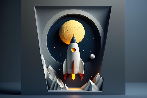 Illustration of rocket ship with moon on blue background startup concept Generative AI