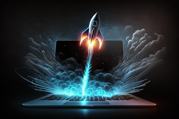 Illustration of rocket taking off from laptop screen Generative AI