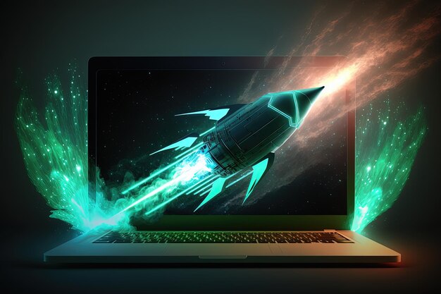 Illustration of rocket taking off from laptop screen Generative AI