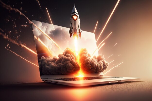 Illustration of rocket taking off from laptop screen startup and business concept Generative AI