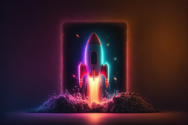 Illustration of rocket taking off, startup concept, background with neon lights. generative ai