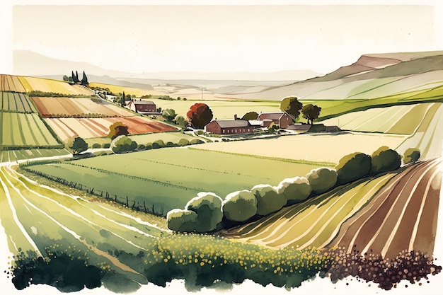 Иллюстрация холмистой местности с полями сельскохозяйственных культур