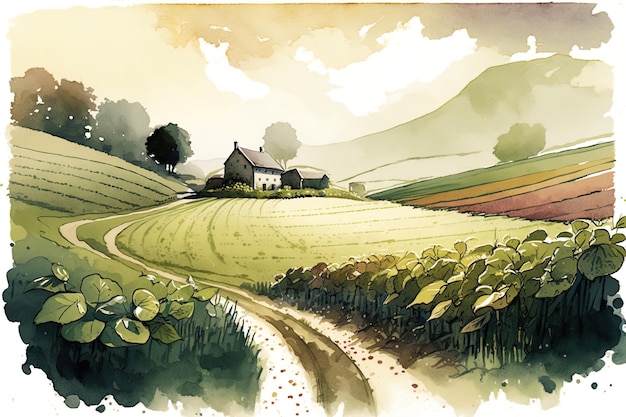 Illustration of a rolling countryside with fields of crops