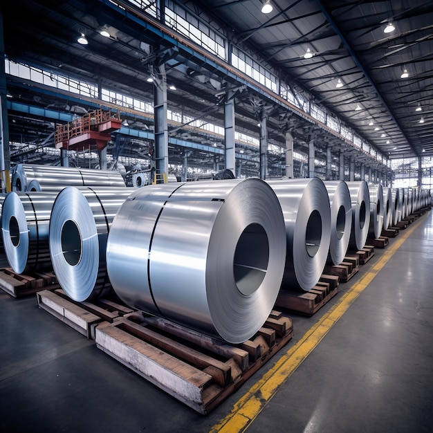 Photo illustration of rolls of galvanized steel sheet inside the factory