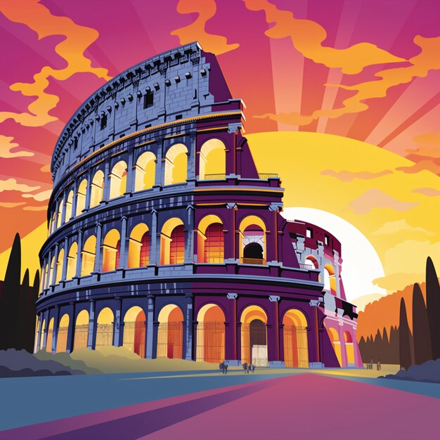 Foto illustrazione di un colossione romano con un tramonto sullo sfondo generativo ai