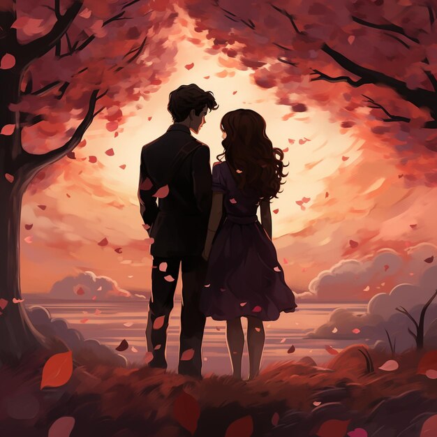 Illustration of a romantic couple in love walking in the autumn forest