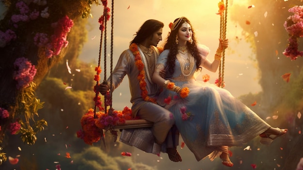 illustration romantic divine couple radha krishna swing images AI generated art