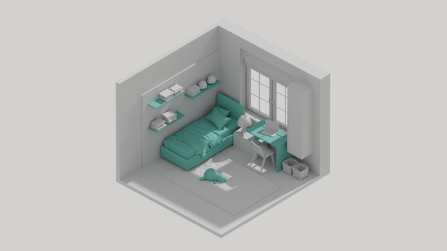 An illustration of a room with a bed, desk, and books.