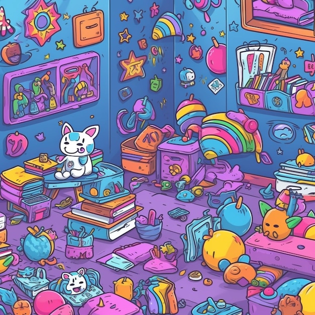 Illustration of a room with a cat and a bed and a desk generative ai