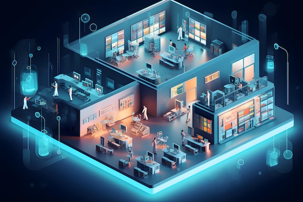 コンピューターと「会社の将来」と書かれたブルー スクリーンのある部屋のイラスト