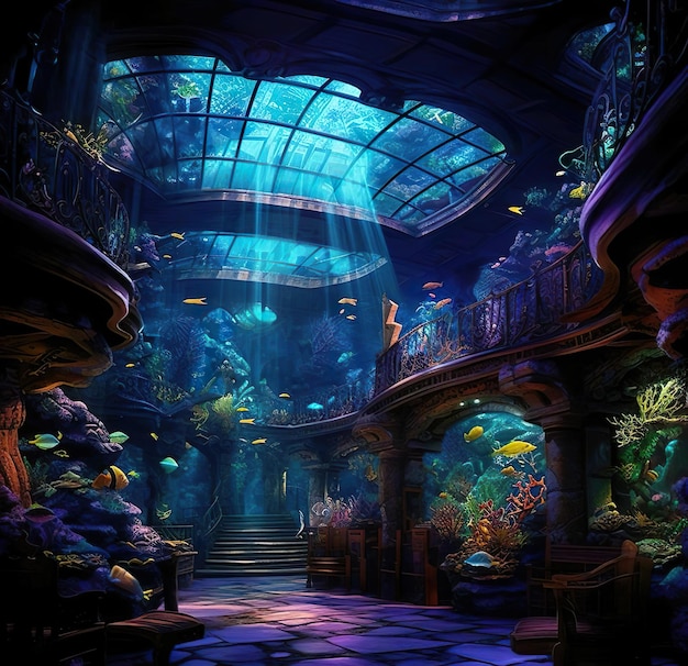 An illustration room with a fish tank and aquarium