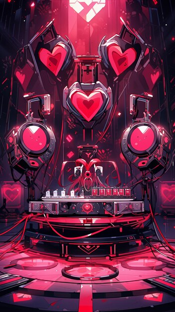 Photo illustration of a room with hearts and headphones