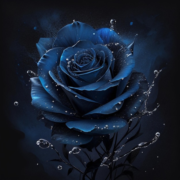 illustration of a rose in dark blue on a black background and water splashes