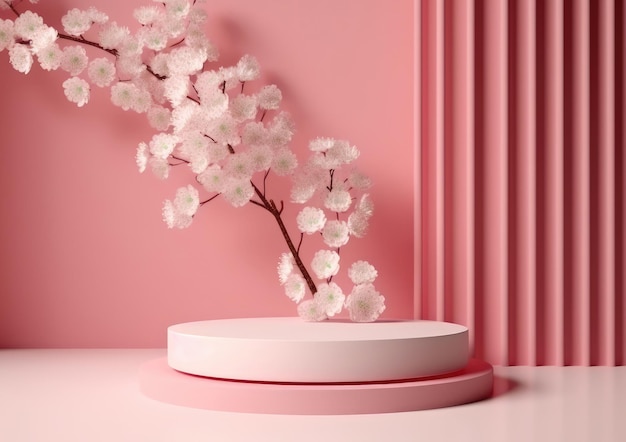 Illustration of a round podium with white flowers vertical lines on a pink background a stage for product presentation Generative AI