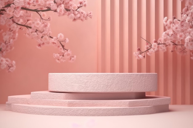 Illustration of a round stepped podium with pink flowers sakura geometric vertical lines on the background Generative AI technologies