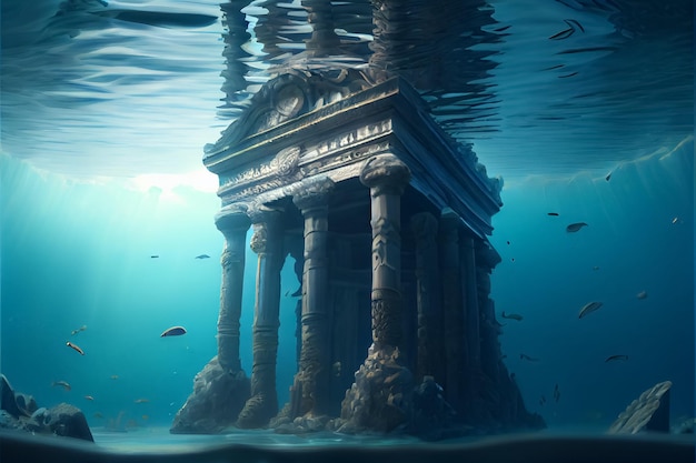 Illustration of the ruins of the Atlantis civilization Underwater ruins AI