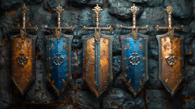 Illustration of rune swords and blue and orange heraldic shields