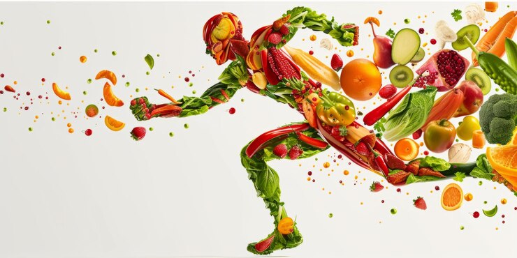 Illustration of a running man made from vegetables and fruits Healthy food concept Generative AI