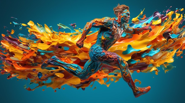 鮮やかな色合いのスタイルで走っている男性のイラスト、リアルで超詳細なレンダリングをマスター