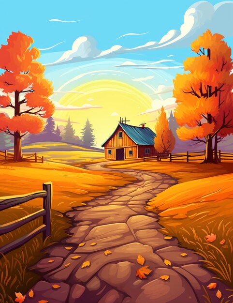 illustration of a rural landscape with a barn and a path generative ai