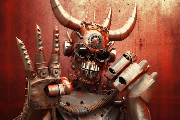 Illustration of a rusty metallic artificial robot holding a rock sign with devil horns