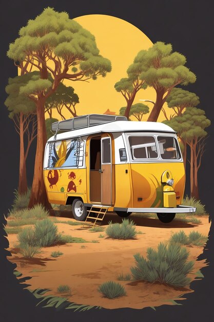 Illustration of an RV in the woods at night Tshirt design