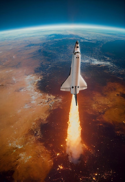 An illustration of s space shuttle lift-off from earth view\
from outer space