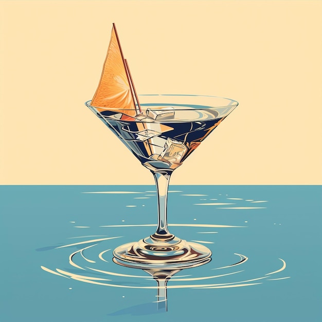 illustration of a sail boat floating in a cocktail glass