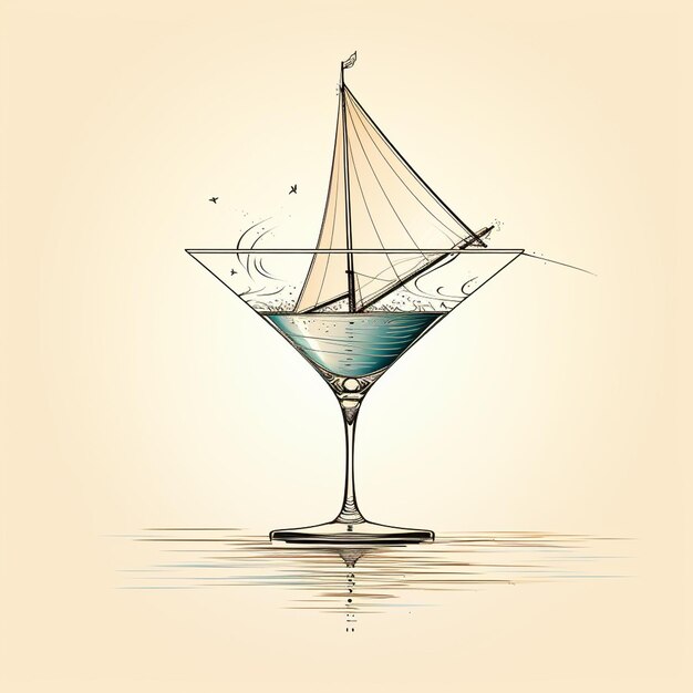 Illustration of a sail boat floating in a cocktail glass