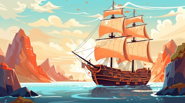 Illustration of a sailing ship in the ocean with mountains in the background generative ai