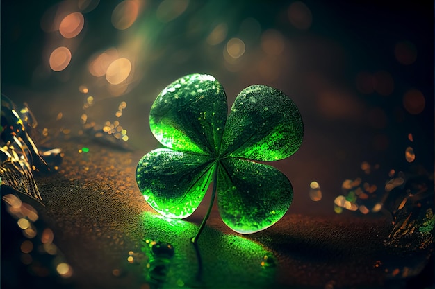 Illustration of Saint Patricks Day green emerald clover background bokeh hight bright