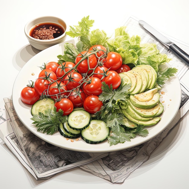 Photo illustration of a salad with lettuce tomato olives cucumber cherry avocado on white background