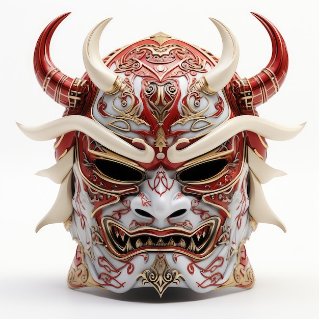 Foto illustrazione casco e maschera di samurai bianco con elaborata artigianalità