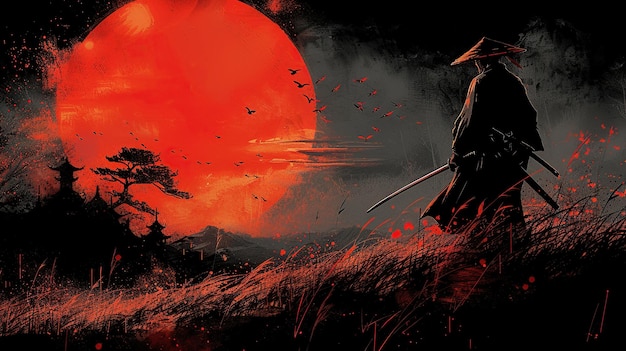 Illustration of Samurai ninja standing in a gray forest at night with a