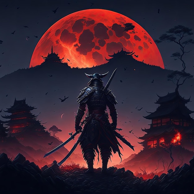 Illustration of a samurai warrior standing in front of a full moon Horror theme design