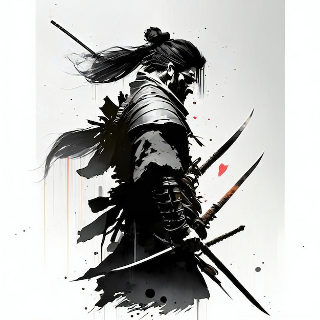 Photo illustration of samurai with sword sketch style generative ai