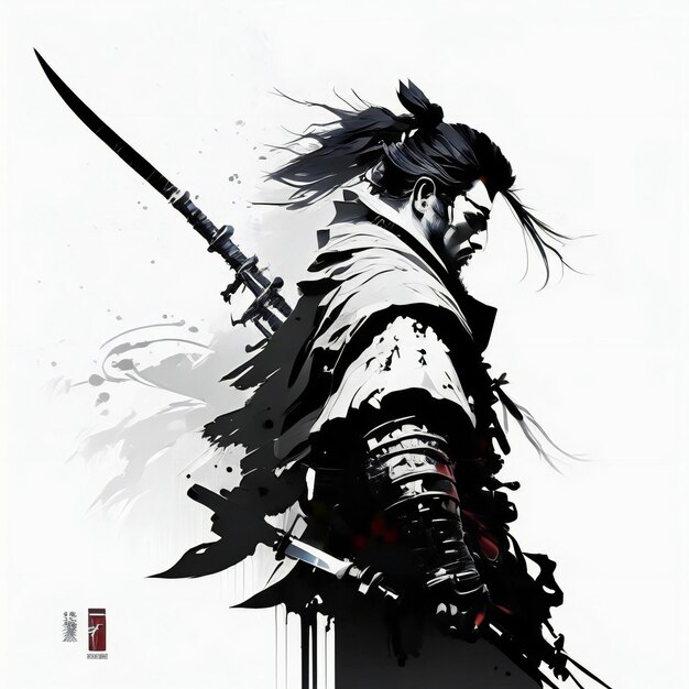 Illustration of samurai with sword sketch style Generative AI