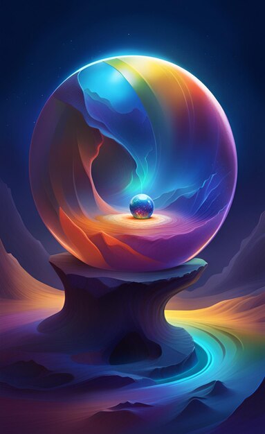 Illustration of sand abstraction in rainbow colors dark blue space background crystal ball ink pa