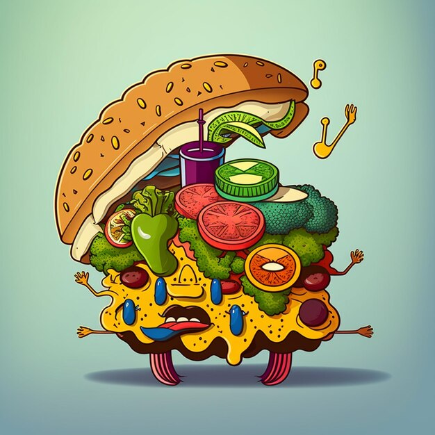 Photo illustration of a sandwich with many different foods on it generative ai