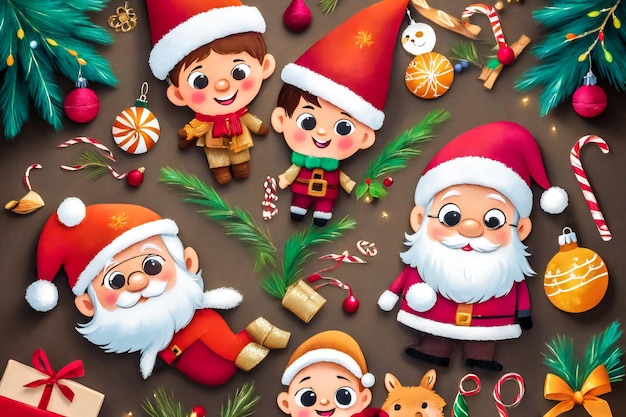 Illustration of Santa Claus and fairytale characters Christmas background and pattern