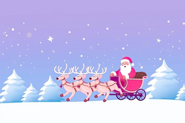 illustration of santa claus riding a deer cart in snowing light with copy space