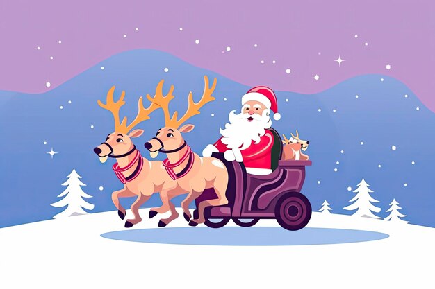 Illustration of santa claus riding a deer cart in snowing light with copy space