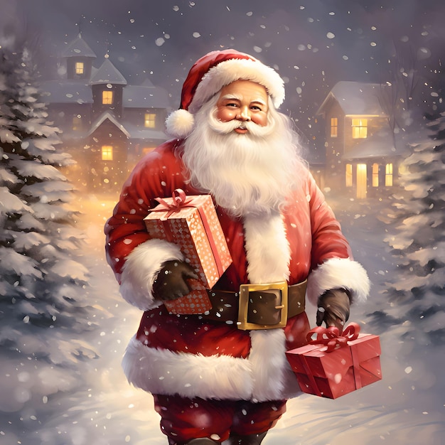 Photo illustration of santa claus with presents in his hands snow falling all around christmas card as a symbol of remembrance of the birth of the savior