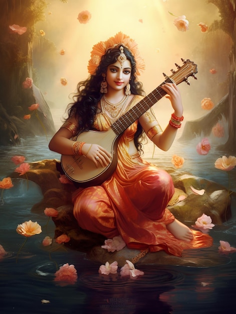 Saraswati devi 여신 Happy Vasant Panchami의 그림