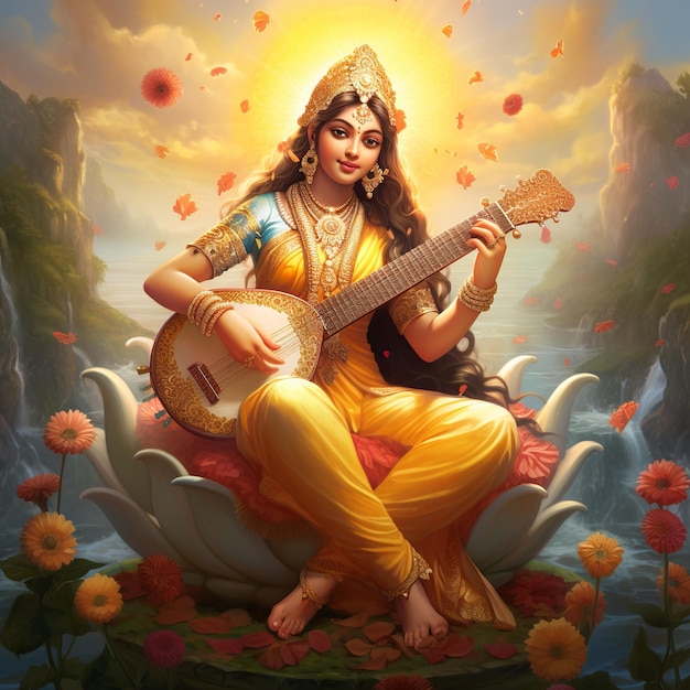 illustration of Saraswati devi Goddess Happy Vasant Panchami