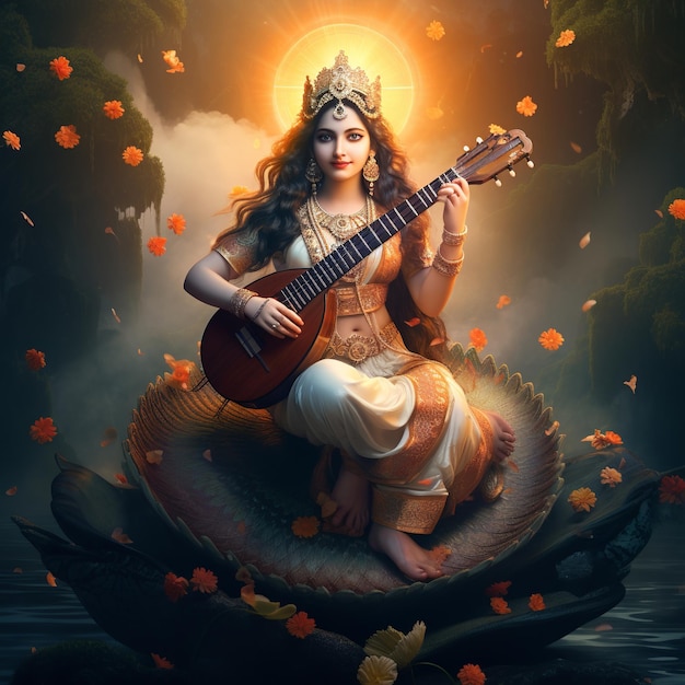 Saraswati devi 여신 Happy Vasant Panchami의 그림