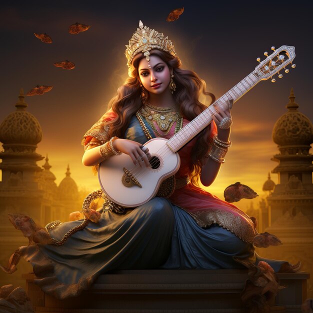 Illustration of saraswati devi goddess happy vasant panchami